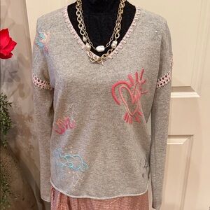 Johnny Was Cashmere Gray Sweater with Pink and Blue Embroidery